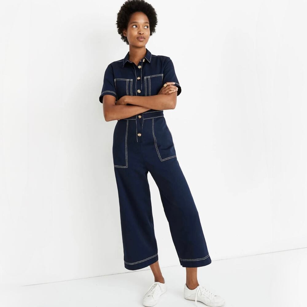 Madewell Contrast-Stitch Retro Jumpsuit Navy Wide Leg Cotton Size 10 Utility 70s